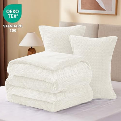 ChiXpace Fleece Twin Size Comforter Set White, Fluffy Bed Set 2 Pieces