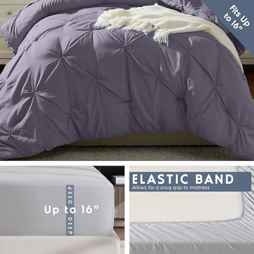Nestl 7 Piece Twin XL Comforter Set – Dusty Purple Pinch Pleated Bed in a Bag – Complete Twin XL Size Bedding Set with Sheets, Set of 2 Cooling Pillows, Pillowcase and Sham
