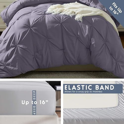 Nestl 7 Piece Twin XL Comforter Set – Dusty Purple Pinch Pleated Bed in a Bag – Complete Twin XL Size Bedding Set with Sheets, Set of 2 Cooling Pillows, Pillowcase and Sham