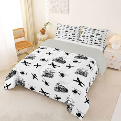 Feelyou Retro Vintage Train Comforter Set Queen Size Airplane Print Bedding Set for Kids Boys Girls Aircraft Transport Vehicles Duvet Quilt Bedroom Decor Microfiber 3 Pcs with 2 Pillow Cases
