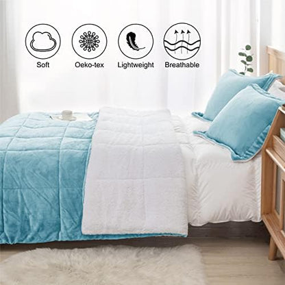 Sherpa Comforter Set Twin XL Size, Smoke Blue Bedding Set with Sham
