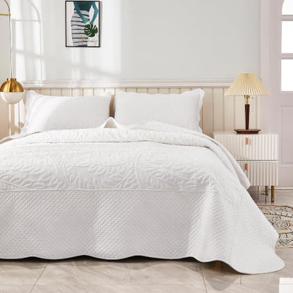 MarCielo 100% Cotton Quilt Set - 3-Piece Embroidered Farmhouse Bedspread & Shams, All-Season Breathable Bedding(Bright White,King)