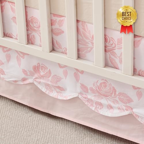 Brandream Scallop Edge Organic Cotton Crib Skirt Girls Toddler Bedskirt Baby Nursery Crib Bed Skirt Double Layer Chic French Country Grandmillennial Rose with Solid Pink Pleated Skirt Dust Ruffle
