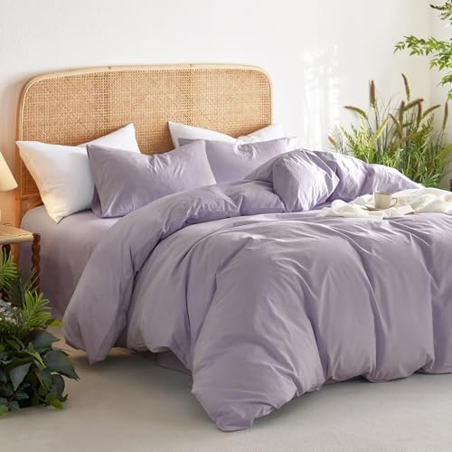 Wake In Cloud - Cotton Duvet Cover Set, 100% Washed Cotton, Linen Like Textured, Breathable Durable Comfy Farmhouse Neutral Bedding Set, 3 Pieces, Light Purple, Queen Size