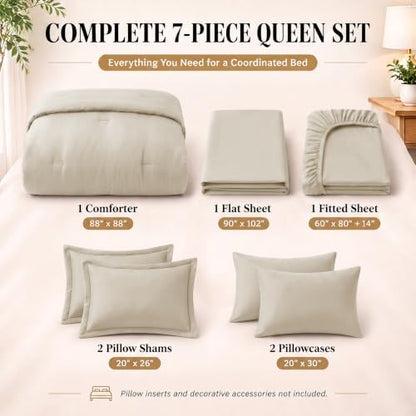 CozyLux Queen Comforter Set Oatmeal, 7 Pieces Bed in a Bag