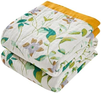 VANJOROY Boho Throw Blanket, 100% Organic Cotton Breathable Skin-Friendly Ultra Soft 80" x 90" Bed Quilt Throw - Floral Rustic Decor Luxury Reversible Blanket for Sofa Couch Chair and Gift,