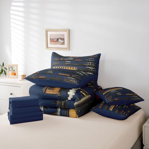 Erosebridal 7 Pcs Navy Steam Train Comforter Set for Boys Kids Travel Locomotive Train King Bedding Set with Sheets for Teens Men Vintage Transport Vehicle Bed in A Bag Steampunk Railway Bed Sets