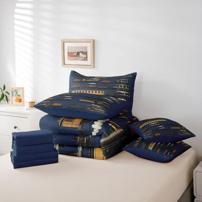 Erosebridal 7 Pcs Navy Steam Train Comforter Set for Boys Kids Travel Locomotive Train Twin Bedding Set with Sheets for Teens Men Vintage Transport Vehicle Bed in A Bag Steampunk Railway Bed Sets