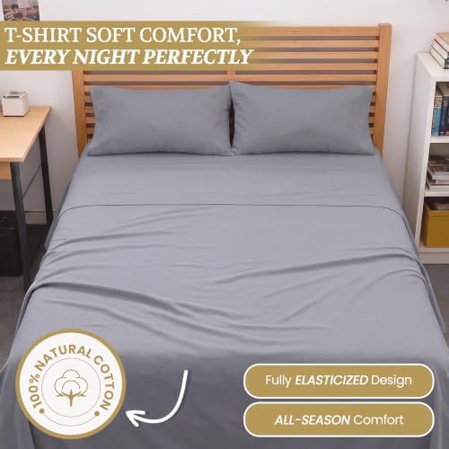 DESTINY CRESCENT BEDDING Full XL 100% Cotton Jersey Knit Sheet Set, 4PC, 15" Deep Pocket, Medium Grey