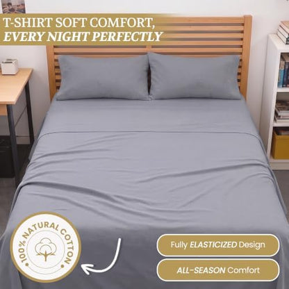 DESTINY CRESCENT BEDDING Full XL 100% Cotton Jersey Knit Sheet Set, 4PC, 15" Deep Pocket, Medium Grey