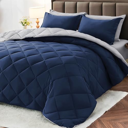 MUXHOMO 7 Pieces Oversized King Comforter Set, Reversible Bed in a Bag Oversized King Size, All Season Bedding Set with Comforter, Flat Sheet, Fitted Sheet, Pillowcases & Shams, Navy & Light Grey