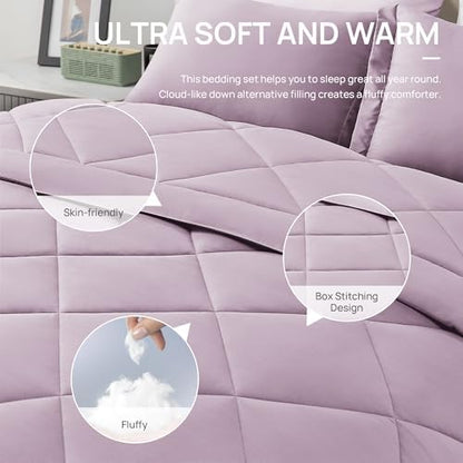 Love's cabin Oversized Queen Comforter Set, 7 Pieces Bed in a Bag, All Season Bedding Sets with 1 Comforter, 1 Flat Sheet, 1 Fitted Sheet, 2 Pillowcase and 2 Pillow Sham, Lavender