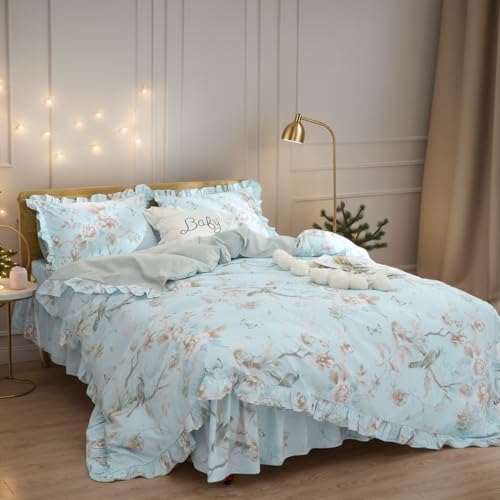 FADFAY Farmhouse Floral Bedding Shabby Blue Bird Print French Countryside Chic Bedding Set Luxury Bedskirt Collections 800 Thread Count 100% Egyptian Cotton, 4 Piece-King Size