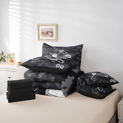 Erosebridal Ice Hockey Bedding Twin - Winter Event Ball Games Comforter Sets with Sheets, Sports Game Lovers Bed-in-A-Bag Teen Kids Hockey Decor for Boys Bedroom (Camo Black)