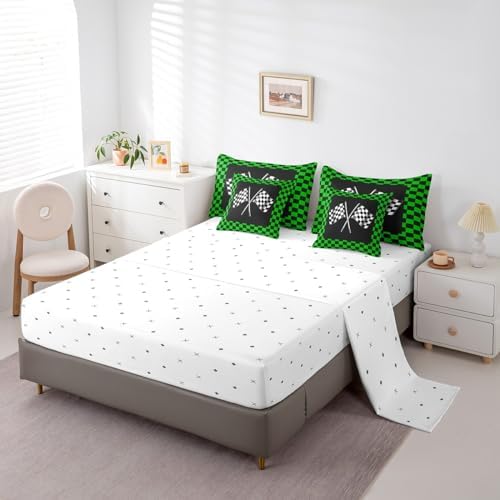 7 Pieces Racing Comforter Set for Kids Green Black White Bedding Set Queen Size,Racing Car Flag Game Theme Comforter for Boys Girls Adult Checkered Flag Super Soft Fade Resistant Microfiber Bedding