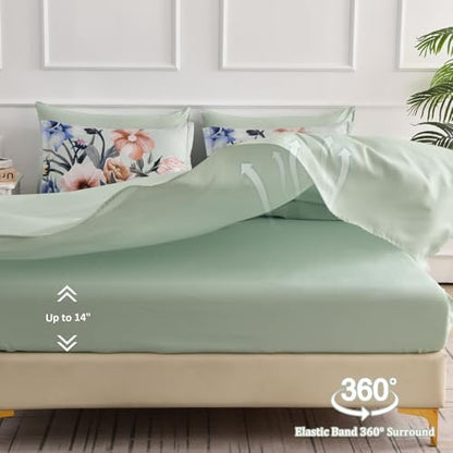 Luxudecor Floral Comforter Set Queen Size 7 Piece, Green Flower Bed in a Bag, Elegant Floral Comforter with Sheet Set, Soft Microfiber Bedding Set for All Season (Green, 90"x90")