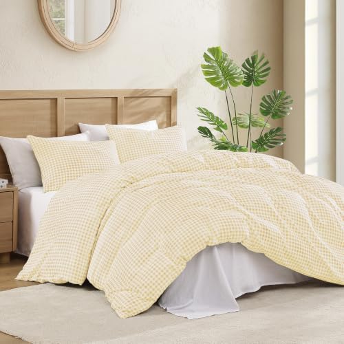 Andency Gingham Duvet Cover King Size, Yellow Checkered Plaid Bedding Set, 3 Pieces Soft Prewashed Microfiber Comforter Cover with Zipper Closure & Corner Ties
