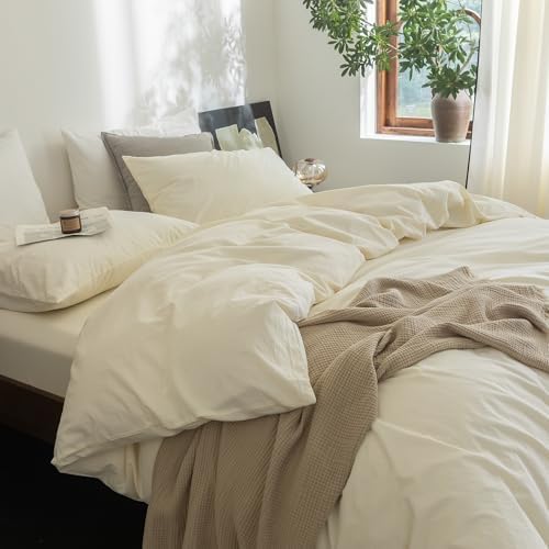 FOSSA Duvet Cover Set 100% Washed Cotton Linen Feel Queen