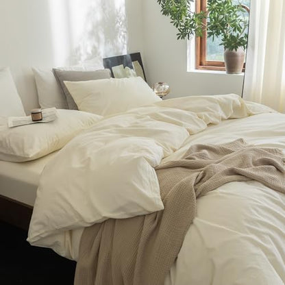 FOSSA Duvet Cover Set 100% Washed Cotton Linen Feel Queen