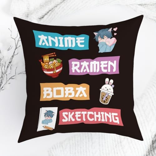 Anime Decor, Just a Girl Who Loves Ramen Boba Sketching Room Decorative Throw Pillow Covers, Anime Lovers for Home Living Room Girl Women Bedroom Decoration Gifts
