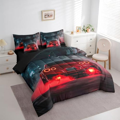 Erosebridal Red Race Car 7 Pieces Bedding Set Twin Size,Extreme Sports Gaming Bed in a Bag,Cool Red Speed Car Bed Set Includes Comforter,Sheet Set,Pillowcases & Pillow Covers,Red Black Bedroom Decor