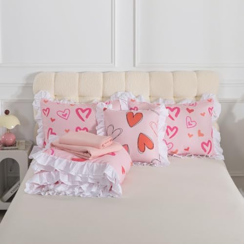 6 Pieces White Ruffle Comforter Set Twin Heart Bedding for Girls