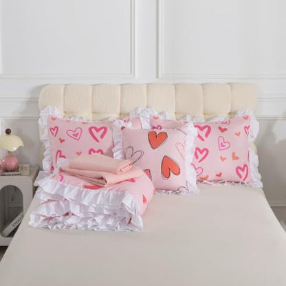 6 Pieces White Ruffle Comforter Set Twin Heart Bedding for Girls