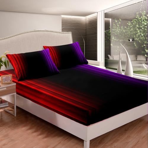 Feelyou Teens Abstract Ombre Decorations Bedding Set for Kids Women Red Purple and Black Bed Sheets Set Geometric Modern Fitted Sheet Sets Room 4Pcs Full Size
