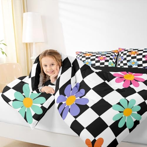 jejeloiu Cute Floral Comforter Set Checkerboard Bedding Set Twin Size 2 Pcs