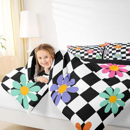 jejeloiu Cute Floral Comforter Set Checkerboard Bedding Set Full Size 3 Pcs