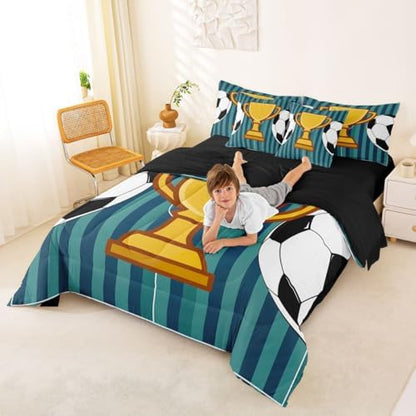 Erosebridal Boys Kids Navy Blue Football Gaming King 7-Piece Comforter Set | Playground Soccer Geometric Sheets and Pillowcases Striped Bed in A Bag Ball Games Bed Sets
