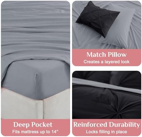 JOLLYVOGUE Full Size Comforter Sets 7 Pieces - Bed in a Bag Full for All Season, Pintuck Bedding Comforter Sets with Comforter, Flat Sheet, Fitted Sheet and Pillowcases & Shams, Black & Light Grey