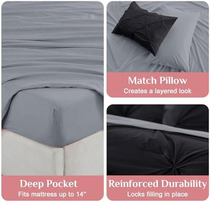 JOLLYVOGUE Full Size Comforter Sets 7 Pieces - Bed in a Bag Full for All Season, Pintuck Bedding Comforter Sets with Comforter, Flat Sheet, Fitted Sheet and Pillowcases & Shams, Black & Light Grey