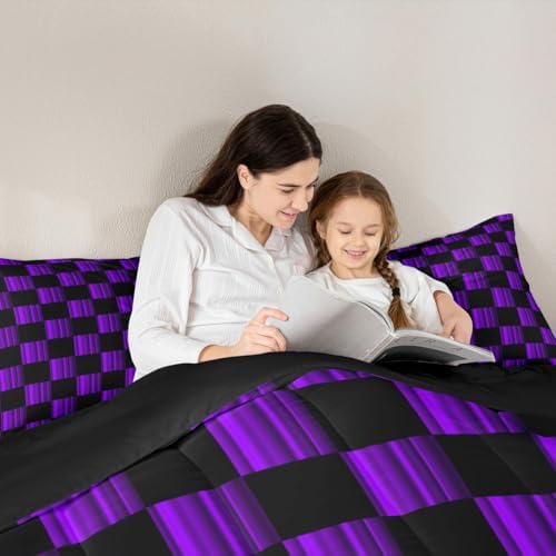 Feelyou Checkered Bedding Set for Boys Girls Abstract Ombre Comforter Set Toddler Size Modern Geometric Purple Black Duvet Quilt Cute Neutral Aesthetic Plaid Bedroom Decor 2 Pcs with 1 Pillow Cases