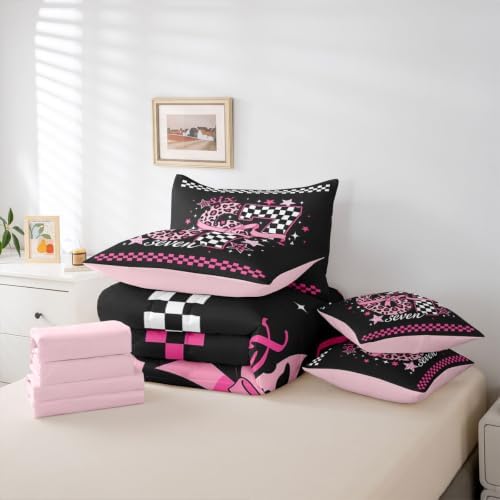 Erosebridal Pink Black Girly Fashion Queen Comforter Set 7 Piece for Girls 67 Bow Bedding Set Leopard Print Plaid Number Bed in A Bag Fashion Trendy Y2K Style Sheet Set with Comforter