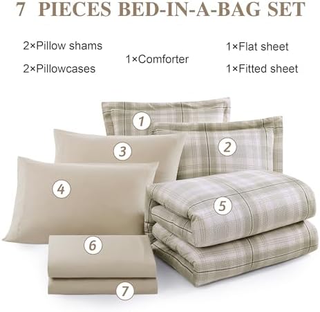 Plaid Queen Comforter Set Khaki Green 7 Pieces Farmhouse Bed in a Bag