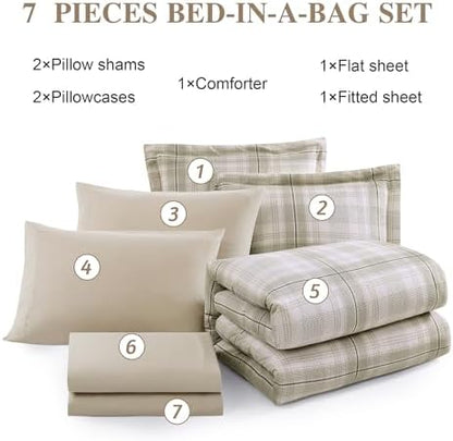 Plaid Queen Comforter Set Khaki Green 7 Pieces Farmhouse Bed in a Bag