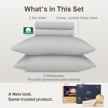 California Design Den 100% Egyptian Cotton Queen Size Sheets, Light Grey