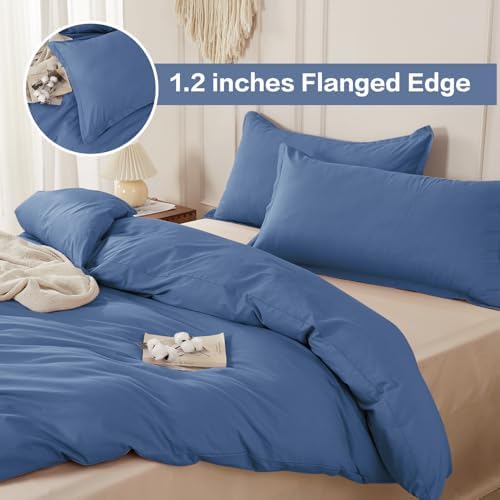 SAPHREAS 100% Washed Cotton Duvet Cover King Size Set, Linen Like Comforter Cover with Zipper Closure & Corner Ties (No Comforter), 104x90 Navy Blue