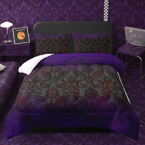 Black Purple Paisley Floral Victorian Gothic Comforter Set Twin，Gothic Bedding Set Twin Purple，with 1 Comforter with 2 Pillow Case，Halloween Room Decor for Bedroom