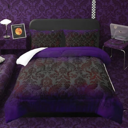 Black Purple Paisley Floral Victorian Gothic Comforter Set Twin，Gothic Bedding Set Twin Purple，with 1 Comforter with 2 Pillow Case，Halloween Room Decor for Bedroom
