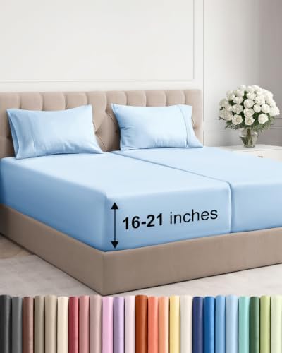 Extra Deep Pocket Split King Sheet Set - Breathable & Cooling - Light Blue