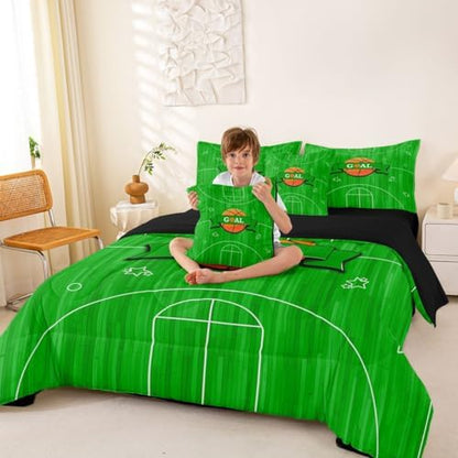 Erosebridal Green Boys Kids Ball Games Boys Basketbal King 7-Piece Comforter Set | Sports Theme Gaming Pattern Sheets and Pillowcases Geometric Bed in A Bag Playground Bed Sets