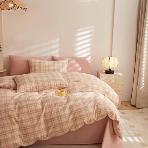 LifeTB Vintage Plaid Comforter Set King, 3 Piece Pink & Yellow Grid Gingham Bedding Comforter with 2 Pillowcases, Lightweight Soft Farmhouse Grid Bedding Aesthetic Plaid Checkered Comforter Set