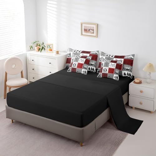 Erosebridal Camper Twin Bed in A Bag 7 Piece Rv Camping Comforter Set Rustic Buffalo Plaid Bedding Comforter Sets Camper Decor for Travel Trailers Bunk Country Camping Bed Set Red Black Grey
