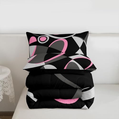 Feelyou Pink Grey and Black Comforter Retro Circle Geometrics Comforter Set Modern Abstract Art Bedding Set for Kids Boys Girls Geometrics Swirl Duvet Set Luxury Room Decor Quilt Set Queen Size