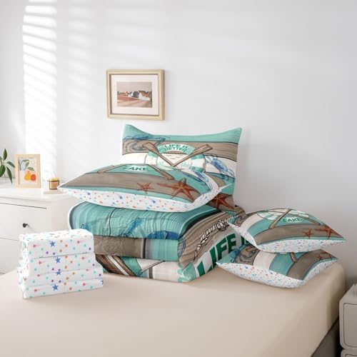 Erosebridal Boat Paddle Bedding Set for Kids Teens,Lake House Comforter Set Twin Size,Teal Wooden Plank (Comforter+Fitted+Flat Sheet+2 Pillowcases+2 Throw Pillow Covers) 7 Pieces Bed Set