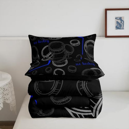 Castle Fairy Ice Hockey King Size Comforter Set,Kids Hockey Player Decor All Season Bedding Set,Teens Winter Sports Games Comforter,Blue Black White Decor Quilt Set Bedroom Collection 3Pcs