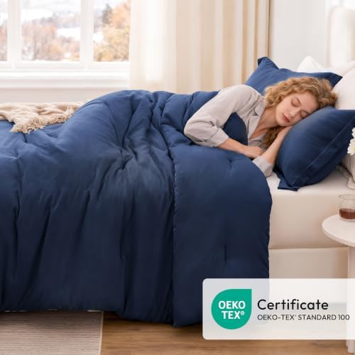 Love's cabin Dark Blue Queen Comforter Set, 3-Piece Prewashed Bed Set