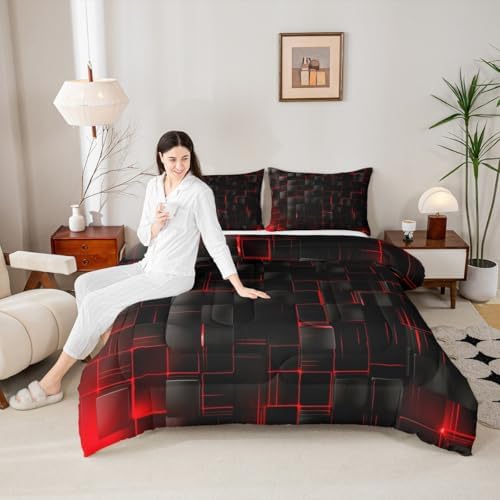 Manfei Geometric Grid Comforter Set Queen Size, Red and Black Checkered Bedding Quilt Set, Men Women Bedroom Decor, Modern Abstract Check Plaid Square Down Comforter for All Season, 2 Pillowcases